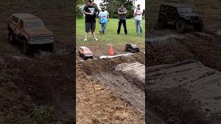 RC mud bog drag race with crawler trucks