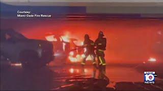 Video shows Miami-Dade firefighters battle blaze inside MIA parking garage