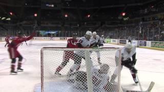 Ryan Sproul uses glass as backboard to score a goal