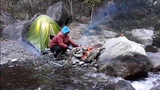 Solo Wild Camping and Fire Cooking, Near The Mountain River + Nature Sounds!