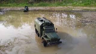 URAL 4320 with full loading Flat Bed Trailer and a URAL Radio Box in Water Crossing Sequence