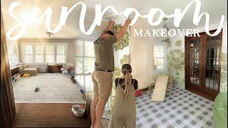 Transforming Our Sad Beige Sunroom (INSTALLING A HUGE WALL MURAL)! *Playroom Makeover Ideas*