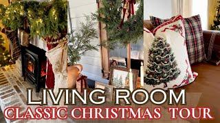 CHRISTMAS LIVING ROOM TOUR 2024/CLASSIC + VINTAGE CHRISTMAS DECORATING/CHRISTMAS MANTLE DECOR 2024