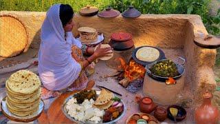 SATVIK THALI BHOJAN : Cooking Desi CHANA SAAG with Handi Daal at village Home Il