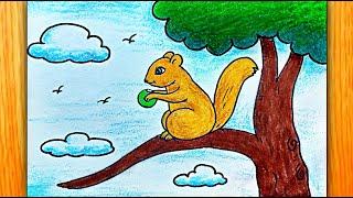 How to Draw a Squirrel Sitting on the Branch of Tree | Squirrel Drawing Step by Step for Beginners