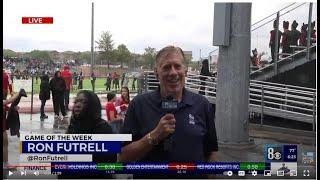 Ron Futrell live shot at HS football game in the rain. Sept 1, 2023
