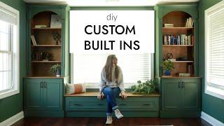 Building Custom DIY Built In Cabinets with Shelves and Storage Bench