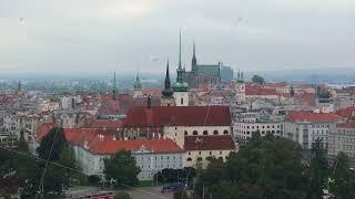 Aerial view of downtown Brno, Czech Republic. The Cathedral of St. Peter and Paul is visible in the