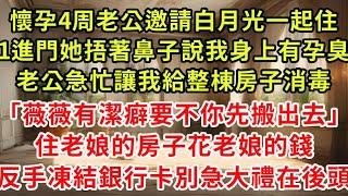 懷孕4周老公邀請白月光一起住,剛進門她捂著鼻子說我身上有孕臭,老公急忙讓我給整棟房子消毒「薇薇有潔癖要不你先搬出去」住老娘的房子花老娘的錢，反手凍結銀行卡別急大禮在後頭#復仇 #逆襲 #爽文