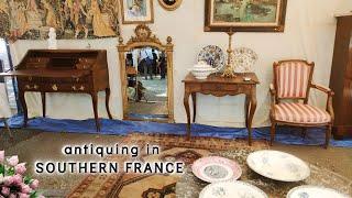 Flea Market in France. Beautiful art, Antique Furniture, And vintage tableware. Brocante Tour