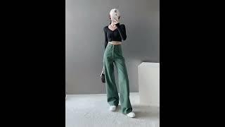 배모양 몸매 그린 하이웨스트 데님 스트레이트 배기 청바지 여가을 2024년 신상 루즈핏 슬림핏 ZHF-0916