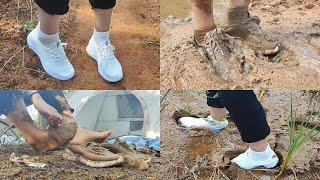 White sneakers and white socks on mud(18)(Full video 16min 11sec)