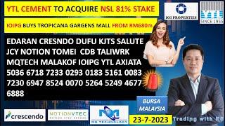 Daily KLSE BURSA UPDATE - 24-7-2024YTL CEMENT TO ACQUIRE NSLIOIPG BUYS TROPICANA GARGENS MALL