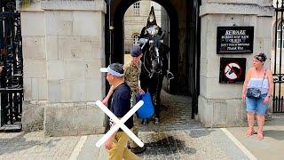 Soldier, King's Guard and Tourist React to the Tourist While the Horse drinks Water at Horse Guards