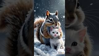 Tiny Chipmunk feeds starving kitten in snow! ️️ #TinyChipmunk #bravechipmunk #Chipmunk