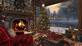 Cozy Winter Ambience/ Crackling Fireplace, Snowfall, and Lake View Serenity