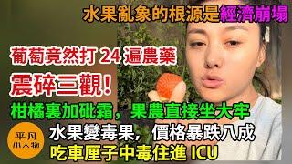 震碎三觀！葡萄竟然打24遍農藥，吃車厘子中毒住進ICU，水果亂象的根源是經濟崩塌，水果變毒果，價格暴跌八成，柑橘裏加砒霜，農戶直接坐大牢，草莓全靠催熟劑，保鮮劑洗澡加打蠟