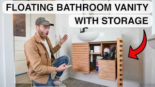 DIY MODERN FLOATING BATHROOM VANITY W/ HAIR TOOL STORAGE!!!