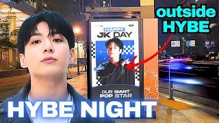 Night walk around BTS HYBE Building, Jungkook Birthday Projects, RM, Suga Ads