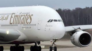 Taxiing and taking off from Domodedovo Airbus A380 Emirates, 04/21/2021 +ATC