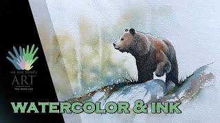 Watercolor and ink wildlife painting process, Bear in a forest