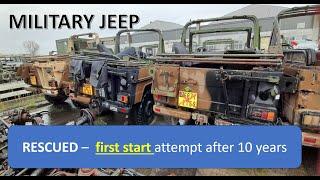 Abandoned military jeeps, saved from the scrap yard, and attempted first starts of the diesel engine