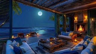 Tranquil Beach Night Bliss | Enjoy Relaxing Moments with Gentle Ocean Sounds & Warm Fireplace