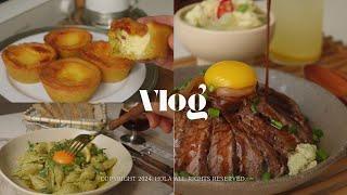 Korean food aesthetic vlog. what i eat in a day. Making pasta and steak rice bowls. egg tart baking