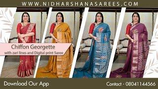 Price: 850/- | Code:- NSDOL1049 | Chiffon Georgette with Zari Lines and Digital Print Saree