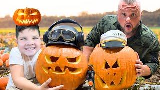 CALEB and DAD Pumpkin CARVING CONTEST! PUMPKIN GUTS & JACK-O-LANTERN PUMPKiNS Halloween Family FUN!