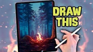 PROCREATE DRAWING Tutorial Landscape in EASY Steps - Forest Camp Fire