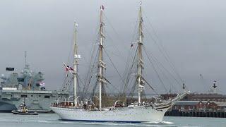 HNoMS Statsraad Lehmkuhl leaving Portsmouth harbour after a short stay. Saturday 3 February 2024