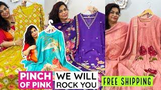 Pinch of Pink Brings You Stunning Party Wear Suits, Mal Chanderi Suits, Long Chinon Gowns & Kaftans.