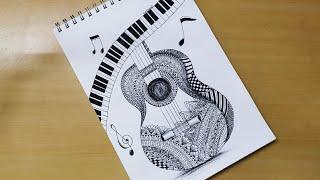 How to draw Mandala art of Guitar and music note | Zentangle art | Doodle art | Easy drawing