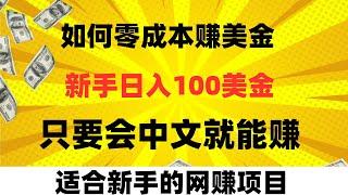 零成本赚美金网赚项目！给新手分享一个赚美金项目，只要会中文就可以操作赚钱，日入100美金！特别适合新手操作！