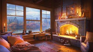 Rainy Autumn Day - Fall Ambience with Relaxing Fireplace & Rain Sounds in the Lakeside Cabin