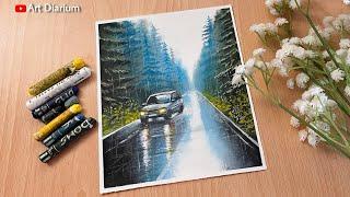 Rainy Season Scenery Drawing with Oil Pastel |Step-byStep Tutorial