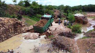 Incredible! Dump Truck Drive Back Uploading Landslide Fall into the Pond Help by Dozer & Excavator.