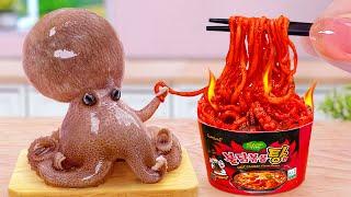 Hot vs Cold Seafood Challenge  Miniature Stir Fried Octopus and Spicy Noodles  Tina Mini Cooking