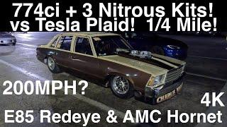 774CI+3 Nitrous Kits! 200MPH? Tesla Plaid 1/4Mile vs ’79 Malibu, AMC Hornet & E85 REDEYE Charger! 4K