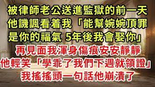 被律師老公送進監獄的前一天，他譏諷看着我「能幫婉婉頂罪是你的福氣 5年後我會娶你」再見面我渾身傷痕安安靜靜，他輕笑「學乖了我們下週就領證」我搖搖頭一句話他崩潰了#復仇 #逆襲 #爽文