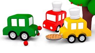 Una tarta de manzana. 4 coches coloreados. Dibujos animados para niños en español.