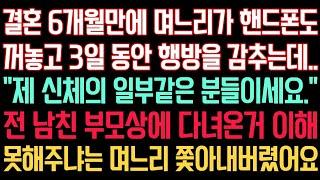 실화사연 - 결혼 6개월만에 며느리가 핸드폰도 꺼놓고 3일동안 행방을 감추는데.“제 신체의 일부 같은 분들이세요.” 전 남친 부모상에 다녀온거 이해 못해주냐는 며느리 쫓아내버렸어요