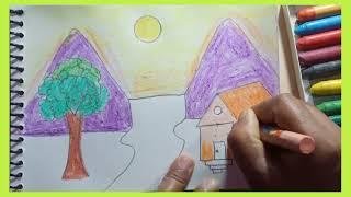 easy landscape drawing for kids and beginners/learn House and nature simple painting #trending#viral