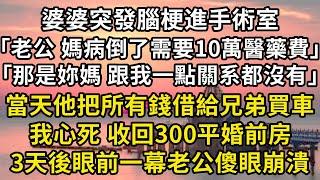 婆婆突發腦梗進手術室 「老公 媽病倒了需要10萬醫藥費」  「那是妳媽 跟我一點關系都沒有」 當天他把所有錢借給好兄弟買車 ，我心死 賣掉500萬房產 ，3天後一操作老公傻眼徹底崩潰#翠花的秘密