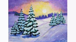 Уроки рисования. Как нарисовать ЗИМУ гуашью. How to Draw a Winter Scene | Art School