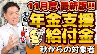 【手続が必要です!! 新たな対象者の方】年金に上乗せ給付金/ 障害・遺族年金給付金/ 給付金額（月額）チェック/ 請求手続き方法/ 補足給付とは/ 厚労省支援/ 詐欺に注意 等〈24年11月時点〉