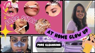 @home glow up|Dermaplaning for the first time|Pore cleansing pack|Face shaving| Benefit clay mask