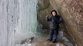 Winter Camping Under Frozen Waterfall in Survival Shelter Hot Tent - Winter Backpacking & Hiking