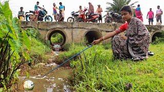 Fishing video | Best Hook Fishing | lady caught fish in the village canal  | India Fishing 09 